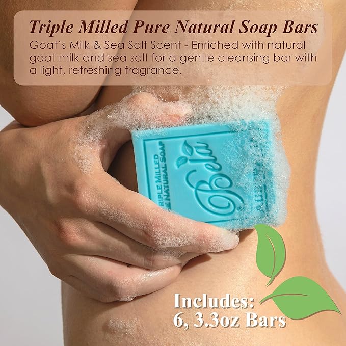 BELA Sea Salt and Goats Milk Soap 3.3 OZ, Pack of 6, Long Lasting French Triple Milled Bar Soap with Organic Shea Butter, Sea Salt Minerals and Nourishing Goat Milk, Made in Australia