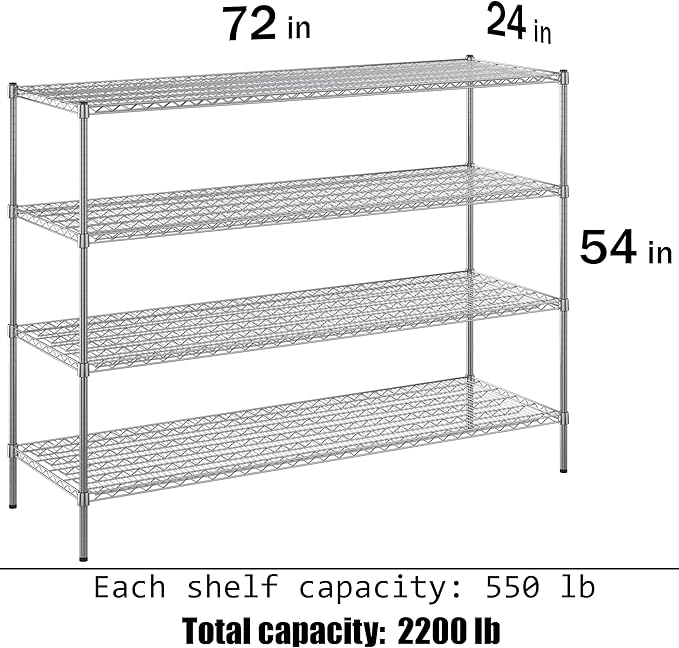 24" Deep x 72" Wide x 54" Height Wire Shelving Kit | 4-Tier | NSF Commercial Storage Rack Unit