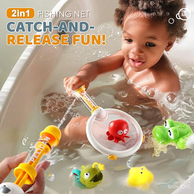 Bath Toys for Kids, Magnetic Fishing Toys with Storage Bag and Light up Star, Wind Up Creatures Baby Bathtub Birthday Gifts for Toddlers 2-4 Boys Girls, 11 Pcs Set