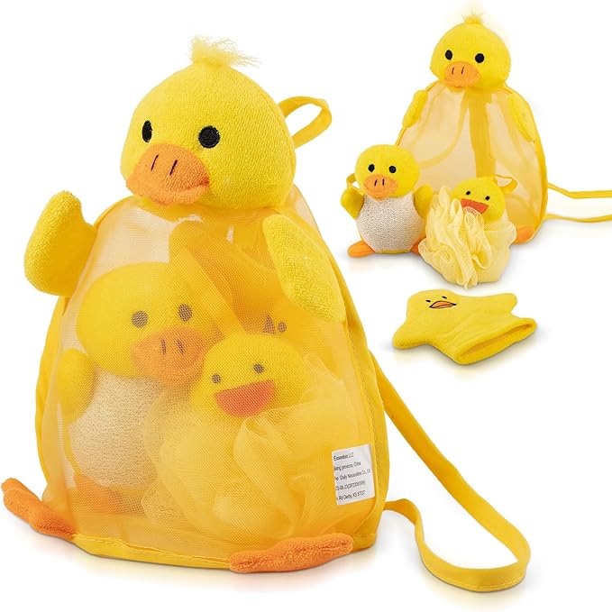 Ducky Scrub 'N Soak Baby Loofah for Bathing Set for Kids Body Scrubber Cute Cartoon Kids Loofah Bath Scrubber for Children Shower Washing Exfoliating, Baby Bath Sponge Yellow Duck Included
