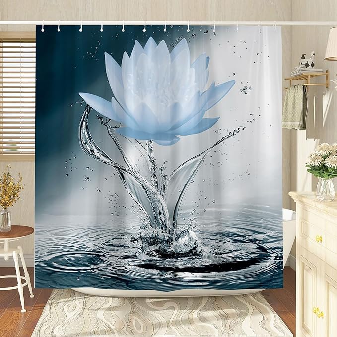 Lotus Shower Curtain Black White Blue Flower Elegant Blooming Floral with Dew Spring Flower Reflection on Water Modern Romantic Polyester Fabric Bathroom Decor 70×96 Inch with Hook