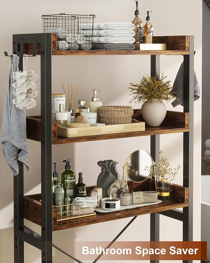 Ecoprsio Over-The-Toilet Storage Rack, 3-Tier Bathroom Organizer Shelf Over Toilet, Freestanding Space Saver Toilet Stands with 4 Hooks, Rustic Brown