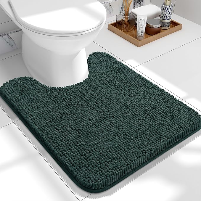 OLANLY Toilet Rugs U-Shaped 24x20, Extra Soft Absorbent Chenille Contour Bathroom Rugs for Toilet, Dry Quickly, Machine Washable, Non-Slip Bath Mat, Blackish Green