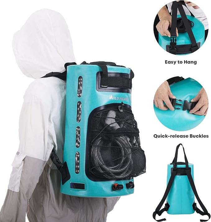 WILD HEART Camping Shower 22L/ 12L Portable Shower for Camping with Pressure Foot Pump and Hose - Solar Shower Bag Backpack for Camping, Road Trip & Outdoor Use