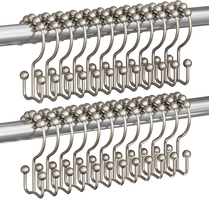 Titanker Shower Curtain Hooks Rings, Rust Resistant Metal Double Glide Shower Hooks Rings for Bathroom Shower Rods Curtains, Set of 24 Hooks - Matte Nickel