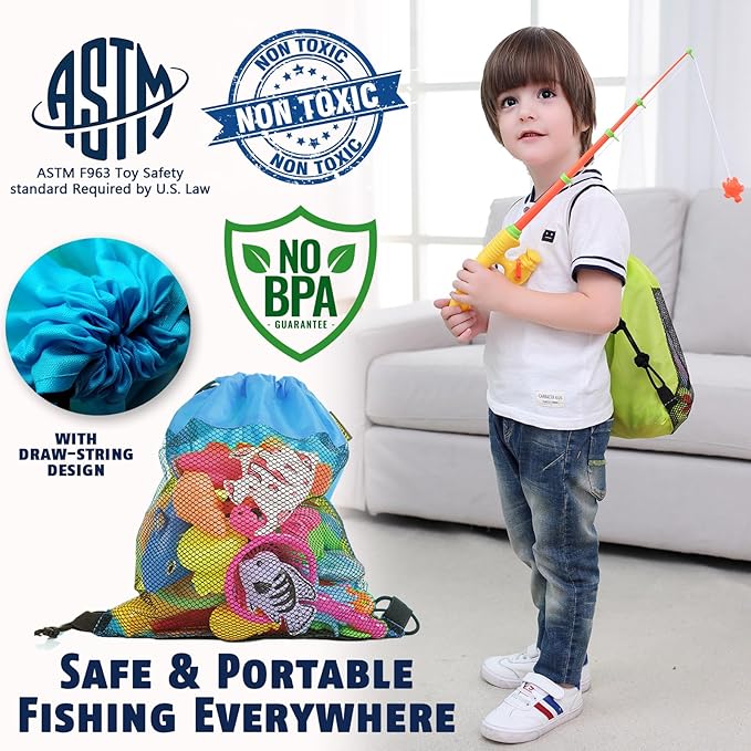 CozyBomB™ Magnetic Fishing Toys Game Set for Kids | Water Table Bathtub Kiddie Pool Party Pole Rod Net, Outdoor Plastic Floating Fish, Toddler Bath Color Ocean Sea Animals Birthday Gift Age 3-5 6 4-8