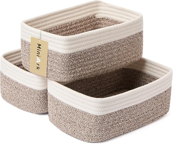 Small Storage Baskets for Organizing | Closet Organizer Bins | Shelf Toy Basket | Woven Rope Baskets | Cube Decorative Box | Shallow Basket | 11.5x7.5x4.7” | 3 Packs White Brown