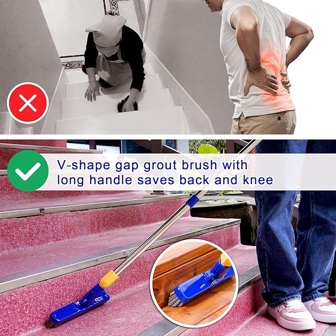 ITTAR Grout & Scrub Brush Combo, Floor Scrubber with Long Handle, Multi-Purpose Stiff Bristles Cleaning Brush Set for Tile, Grout, Deck, Kitchen, Shower Floor (2 Pcs)