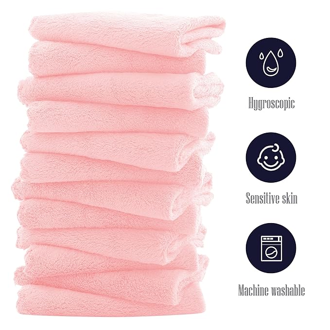32 Pack Baby Washcloths - Luxury Coral Fleece - Extra Absorbent and Soft Wash Clothes for Newborns, Infants and Toddlers - Suitable for Sensitive Skin and New Born - Baby Shower - Pink, 10x10 Inch