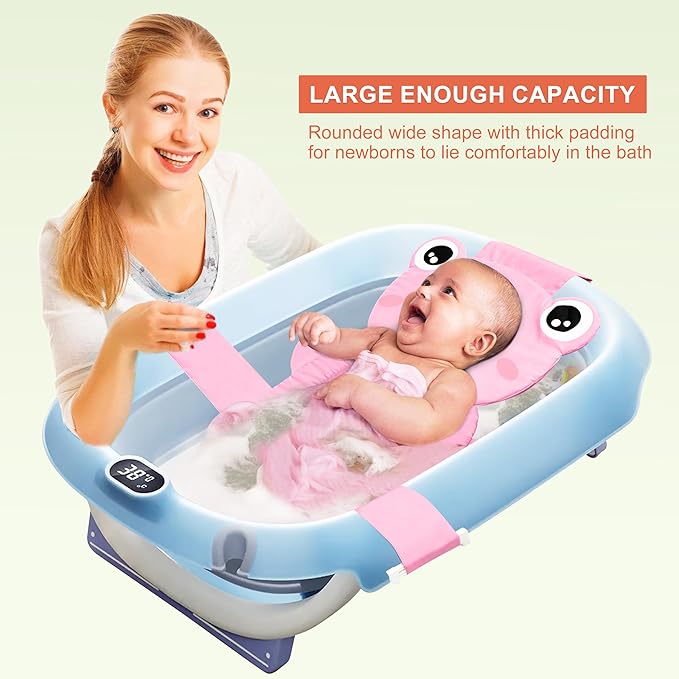Baby Bath Seat Support Net, Quick Drying, Adjustable, Comfortable, Non-Slip, Infant Bathtub Sling Shower Mesh for a Tub, Soft Newborn Bath Mat (Deep Pink Frog)