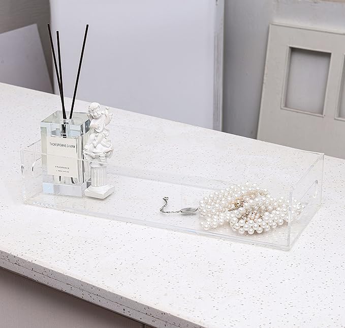 IEEK Toilet Paper Basket,Acrylic Toilet Paper Holder with Storage Modern Bathroom Tray with Handle and Non-Slip Mats for Toilet Tank Top Decorative,Clear Vanity Tray for Home Decor…