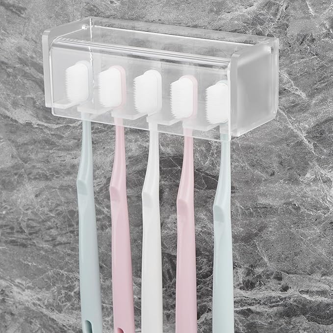 5 Slots Wall Mount Toothbrush Holder with Cover, Self Adhesive Toothbrush Storage Organizer for Shower, Toothbrush Hanger for Bathroom, Medicine Cabinet, Dorm (Frosted)