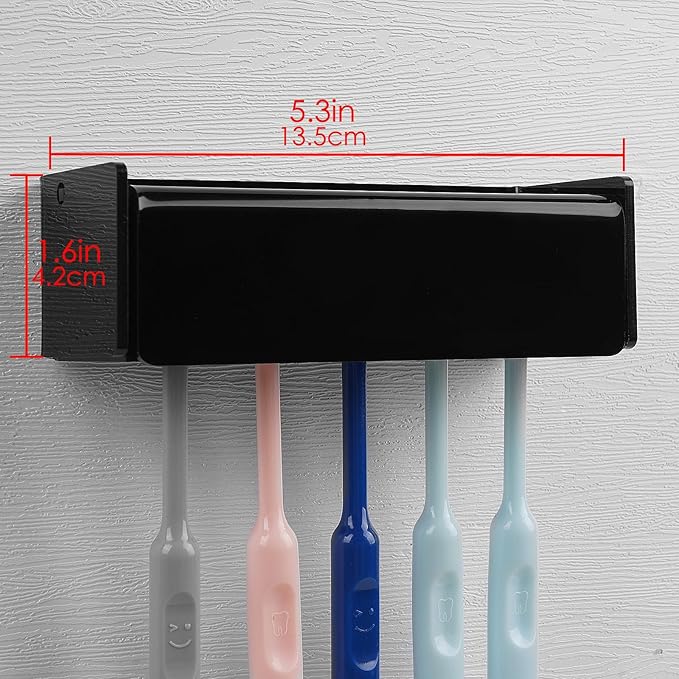 5 Slots Wall Mount Toothbrush Holder with Cover, Self Adhesive Toothbrush Storage Organizer for Shower, Toothbrush Hanger for Bathroom, Medicine Cabinet, Dorm (Black)