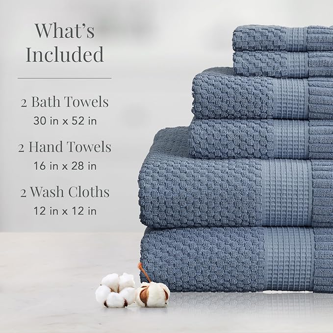 NY Loft 100% Cotton 6 Piece Bath Towel Set | Blue Towels | Oeko-TEX® Standard 100 | Soft & Absorbent, Quick-Dry | 2 Bath Towels 2 Hand Towels and 2 Washcloths | Trinity Collection - Flint Stone