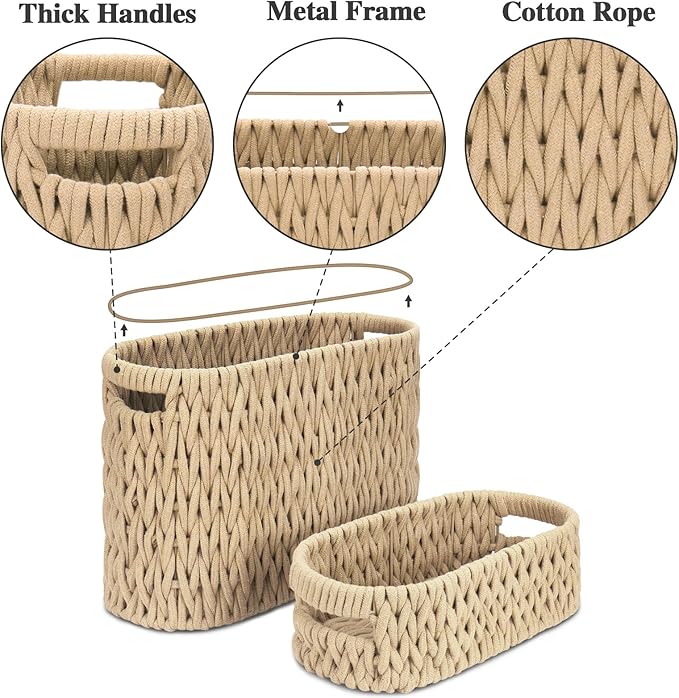 Boho Toilet Paper Storage Baskets, Cotton Rope Woven Bathroom Basket Set of 2, Standing Toilet Paper Holder for 6 Mega Rolls,Storage Bins for Toilet Tank Top, Bathroom Organizer Decor (Brown 2 Pack)