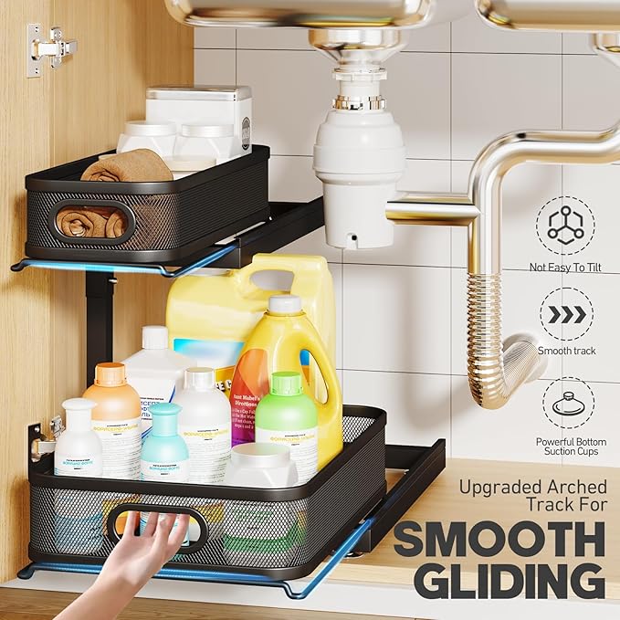 1-Pack Under Sink Storage Organizer with 2-Tier Slide Out Drawer, Sophisticated Mesh Pull Out Shelf for Kitchen & Bathroom, Fits Small Items, Upgraded Arched Track for Smooth Gliding-Black
