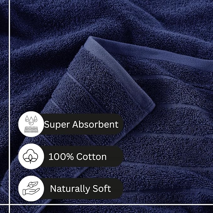 Casa Platino 100% Cotton Luxury Bath Towel Set - 12 Pieces - Ring Spun, Super Soft & Highly Absorbent - 4 Bath, 4 Washcloths, 4 Hand Towels for Bathroom - Holds Well After Multiple Washes - Navy Blue