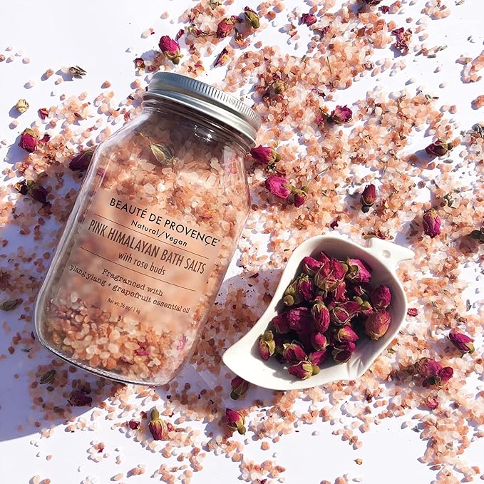 Beaute DE Provence Pink Himalayan Bath Salt with Rose Petals - 100% Natural Aromatherapy & Relaxation - Ylang Grapefruit Essential Oil Bath Salts for Women - Cruelty-Free, Revitalize & Soothes Skin
