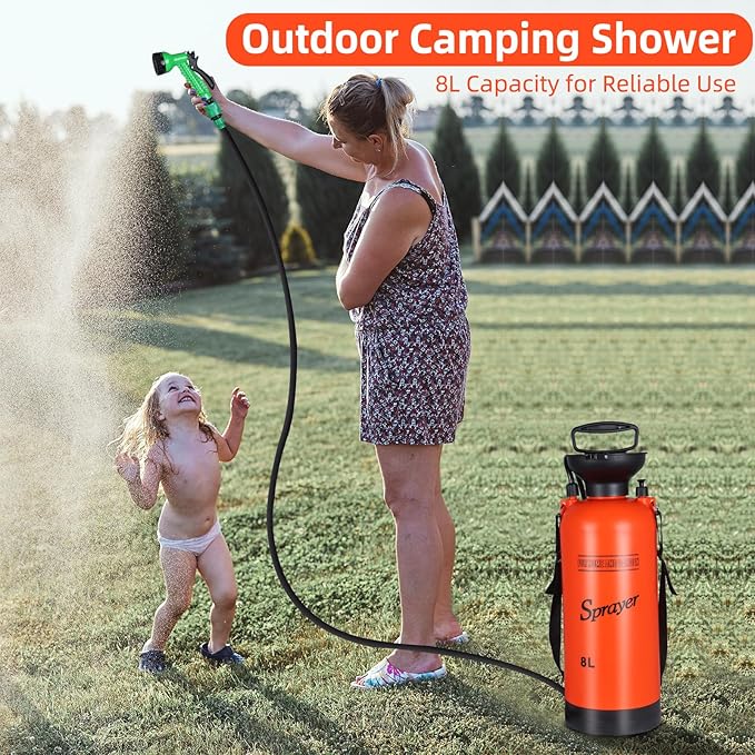 Finderomend Portable Shower for Camping with 7 Spray Modes, Hand Press Camping Shower with Removable Hose and Shower Head,Pressure Rinse Kits for Hiking Traveling Garden Beach Pet Shower