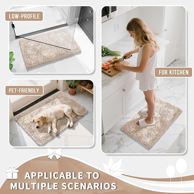 Yimobra Long Bathroom Rugs Runner 60x24 Inch, Extra Thick Soft Absorbent Chenille Bath Mat, Non Slip Machine Washable, Quick Dry Bath Rugs for Bathroom Floor, Tub and Shower, Khaki