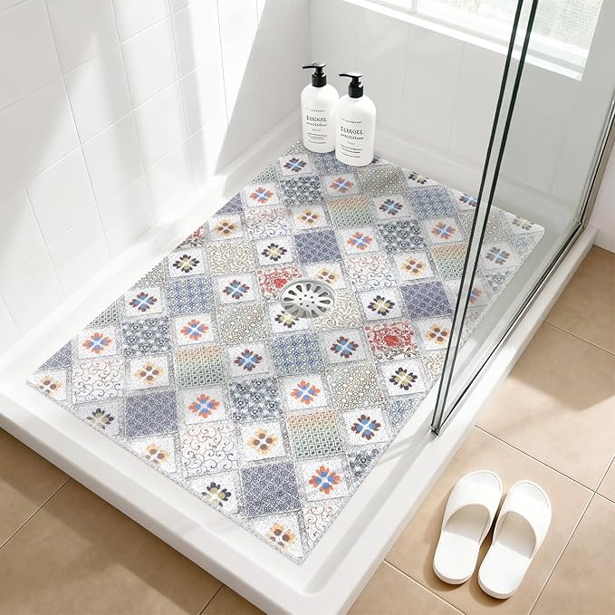 Shower Mat Non Slip - 24x36 Inch Shower Mats for Inside Shower with Drain Hole in Middle, Super Soft and Comfortable PVC Loofah Massage Bath Mat for Shower, Anti Slip Shower Stall Mat, Quick Drying