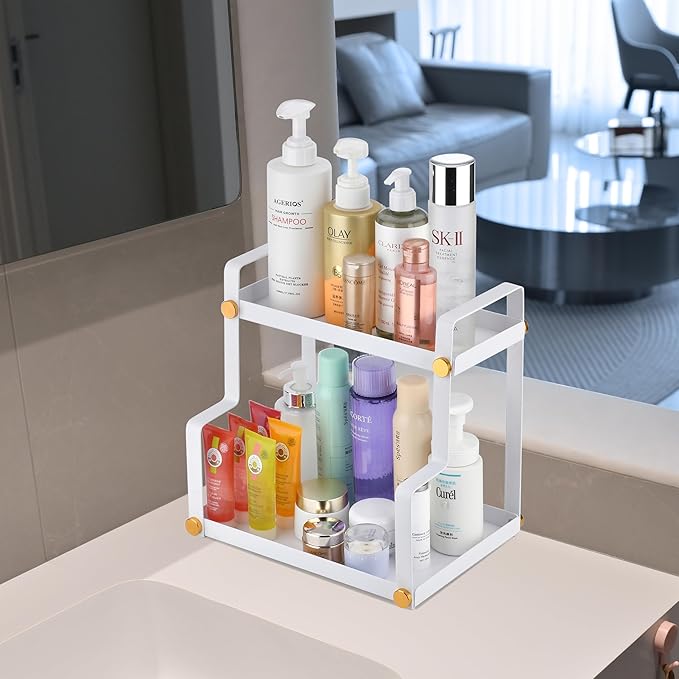 FFK 2 Tier Bathroom Countertop Organizer,Cosmetic Organizer,Storage Shelf for Bathroom,Ideal for Cabinet, Countertop, Pantry, and Desktop, for Bathroom, Kitchen, Office(White)