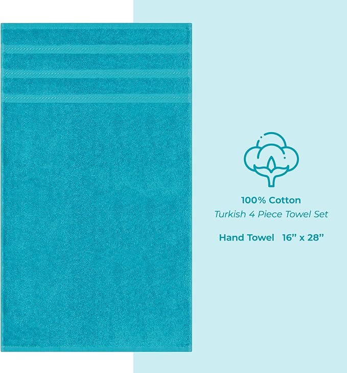 American Soft Linen Luxury Hand Towels for Bathroom, 600 GSM 100% Cotton Turkish 4 Piece Hand Towel Set, 600 GSM Hand Face Towels for Kitchen, Aqua Blue Hand Towels