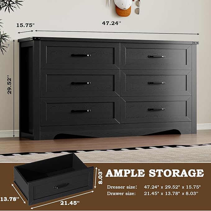 6-Drawer Dresser for Bedroom, Modern Wooden Chest of Drawers with Metal Handles, Anti-Tipping Design, Sturdy and Stable Storage Organizer for Living Room, Entryway, Home Office