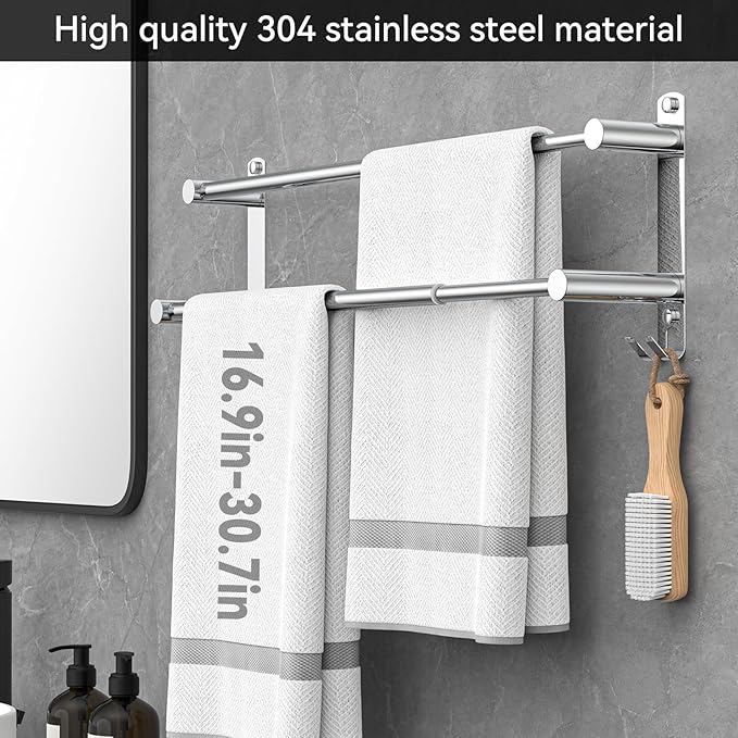 Adjustable Towel Bar for Bathroom Wall Mount17-30.7inch Adhesive Shower Towel Rack Stainless Steel Bath Towel Holders for Toilet Kitchen Double Towel Hanger (2 Layer)