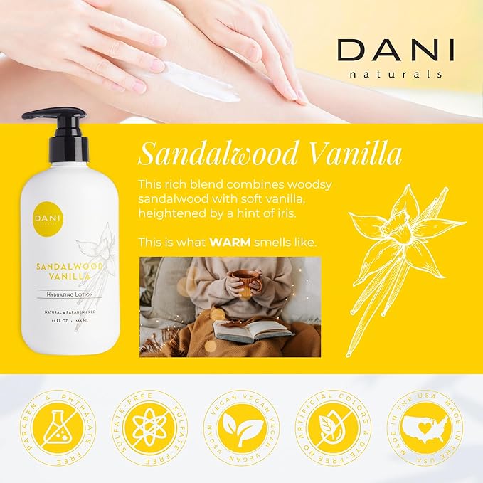 DANI Naturals Hand & Body Lotion - Warm Sandalwood Vanilla Scented Aromatherapy Moisturizer, Deep Hydration for Dry & Dull Skin with Shea Butter, Aloe Vera, & Vitamin E, Cruelty-Free & Vegan, 12 Oz