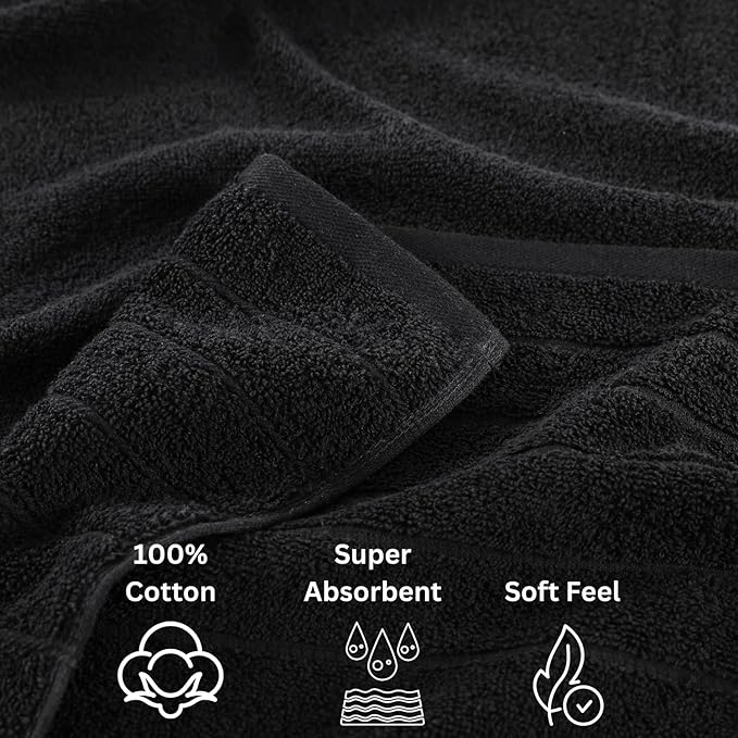 Casa Platino 100% Mercerized Cotton Luxury Bathroom Towels Set - 18 Piece - Ring Spun Technology - 6 Bath, 6 Washcloths, 6 Hand Towels - Remains Soft & Absorbent Even After Multiple Washes - Black