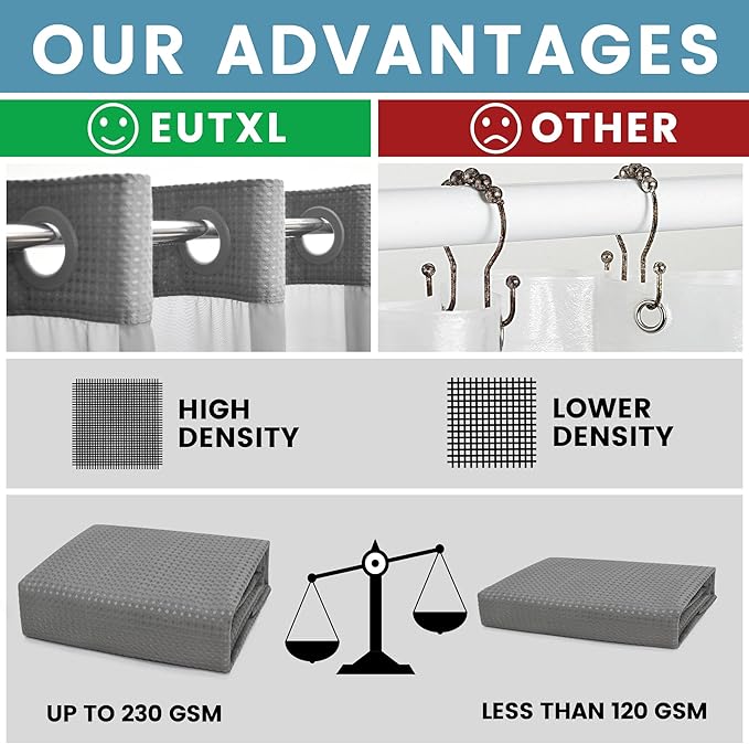 Grey Long Shower Curtain and Liner Set - 230GSM Waffle Weave Textured Heavy Duty,Hotel Luxury Weighted Bath Curtain,71W x 86H