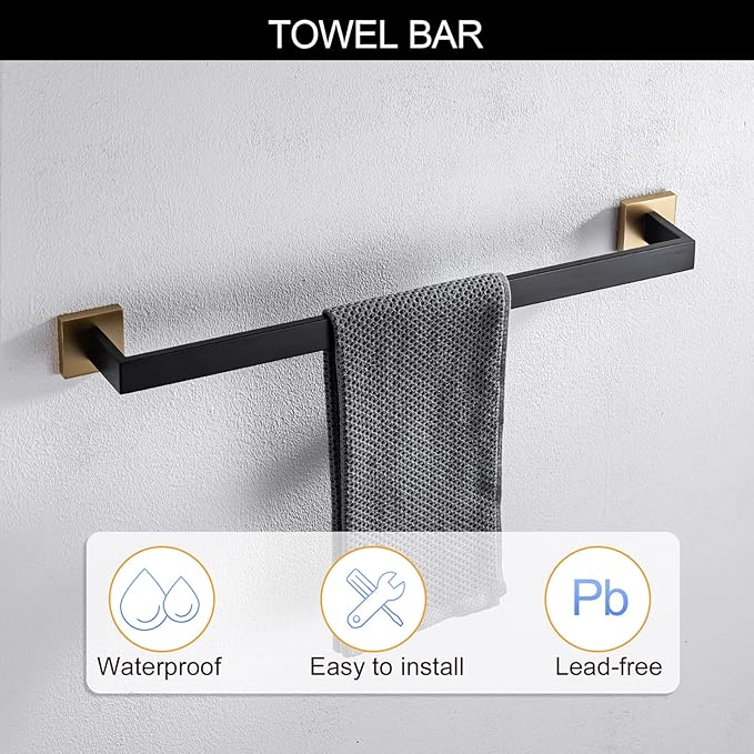 5 Pieces Bathroom Hardware Set Black and Gold Towel Bar Set, Toilet Paper Holder with Shelf, Towel Holder Set in Bathroom, Wall Mounted Stainless Steel, 23.6 Inches
