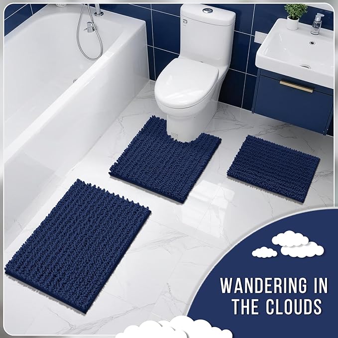 Yimobra Bathroom Rugs Non Slip Washable - Ultra Soft Absorbent Chenille Bath Mat, Quick Dry Shaggy Floor Carpet for Tub Shower, Navy Blue Home Decor Accessories, 24x17 Inch