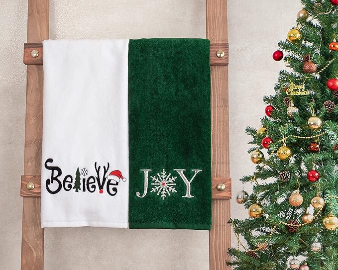 American Soft Linen Christmas Bath Towels Bathroom Set, 2 Packed Embroidered Decorative 100% Turkish Cotton Hand Bath Towels, Dish Towels for Decor Xmas, Joy-Believe