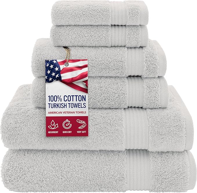 American Veteran Towel, 100% Cotton Turkish 6 Piece Towel Set, Luxury Towels Set of 6 for Bathroom Essentials, 2 Bath Towels 2 Hand Towels 2 Washcloths, Silver Grey