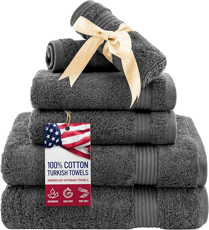 American Veteran Towel, 6 Piece Towel Set for Bathroom, 100% Cotton Turkish Bathroom Towels, 2 Bath Towels 2 Hand Towels 2 Washcloths, Dark Gray