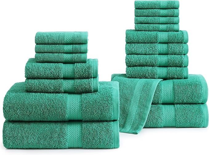 LANE LINEN 100% Cotton 16 Piece Bath Towel Set - Ring Spun, Quick Dry, Super Soft & Highly Absorbent - 4 Bath, 8 Washcloths, 4 Hand Towels for Bathroom - Hotel Quality Bathroom Towel Set - Emerald
