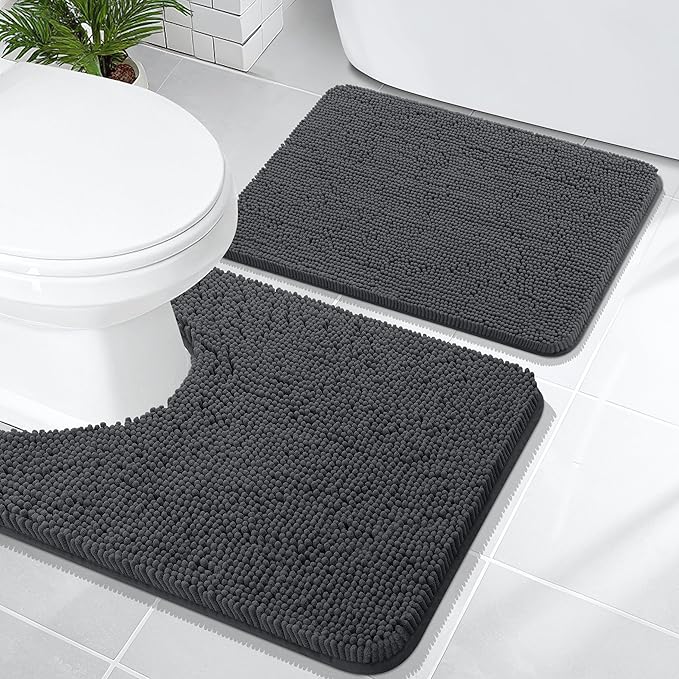 OLANLY Bathroom Rugs Sets 2 Piece, Soft Absorbent Chenille Bath Mats and U-Shaped Contour Toilet Mat Area Rug Set, Machine Washable Bath Carpet, Home Decor Accessories(24"x16"+24"x20", Dark Grey)