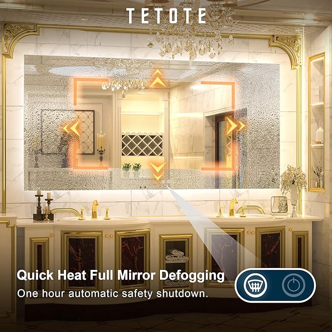 TETOTE 72 x 36 Inch LED Bathroom Mirror Backlit,AntiFog,Dimmable,CRI90+,Makeup,Vanity Mirror with Light,Lighted Mirror,Wall Mounted(Horizontal/Vertical)