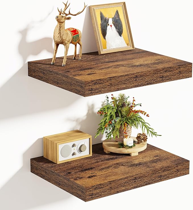 Vivelove 10 Inch Deep Floating Shelves 10 inch Long, 10 x 10 Wide Wall Shelves with Invisible Brackets, for Bedroom Bathroom Living Room Kitchen Office, Farmhouse Home Decor, Set of 2, Rustic Brown