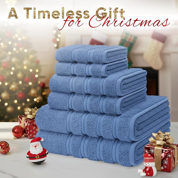 American Soft Linen Luxury 6 Piece Towel Set, 2 Bath Towels 2 Hand Towel 2 Washcloths, 600 GSM 100% Cotton Turkish Towels for Bathroom, Electric Blue Towel Sets