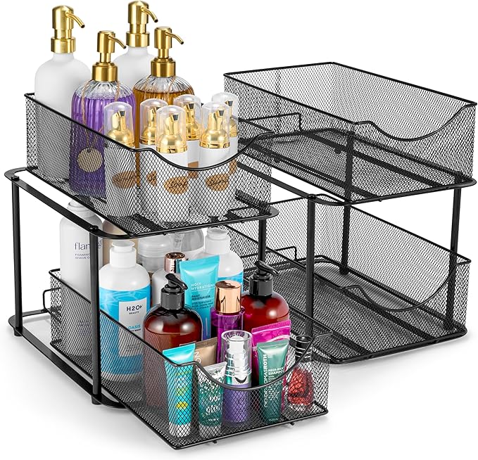 Sorbus 2 Sets of 2 Tier Metal Under Sink Organizer for Bathroom, Kitchen, Strong Steel Mesh Sliding Drawers for Under Sink, Under Cabinet, Closet, Kitchen, Pantry, Bathroom Organizers and Storage