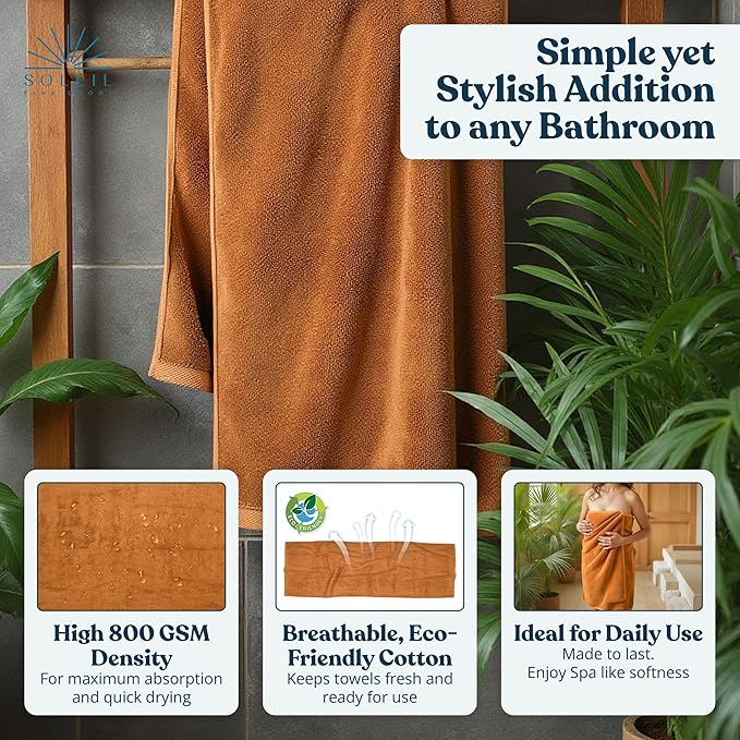 Soleil Fine Goods Luxurious 800 GSM 100% Cotton Bath Towel Set (4-Pack, 27x54) - Heavyweight & Ultra Absorbent, Plush Softness for Bathroom | Hotel & Spa Quality Luxury Towels- Brown Amber