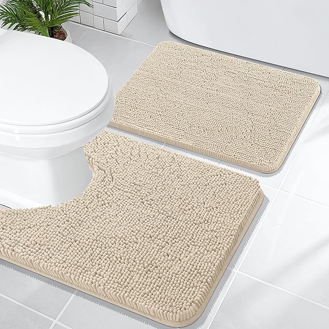 OLANLY Bathroom Rugs Sets 2 Piece, Soft Absorbent Chenille Bath Mats and U-Shaped Contour Toilet Mat Area Rug Set, Machine Washable Bath Carpet, Home Decor Accessories(24"x16"+24"x20", Sand)