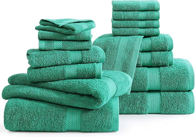 LANE LINEN 100% Cotton 16 Piece Bath Towel Set - Ring Spun, Quick Dry, Super Soft & Highly Absorbent - 4 Bath, 8 Washcloths, 4 Hand Towels for Bathroom - Hotel Quality Bathroom Towel Set - Emerald