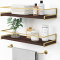 Floating Shelves Bathroom Shelves Over Toilet Set of 2, Bathroom Wall Shelves with Towel Bar, Wall Mounted Vanity Shelf for Bedroom, Kids Room, Kitchen (Brown & Gold)