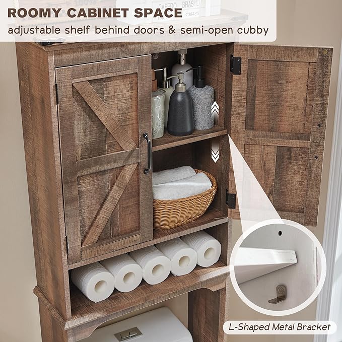 ACCOHOHO Over The Toilet Storage Cabinet, Farmhouse Bathroom Cabinet with Adjustable Shelf & Barn Door, 67" Tall Over The Toilet Shelf, Rustic Brown