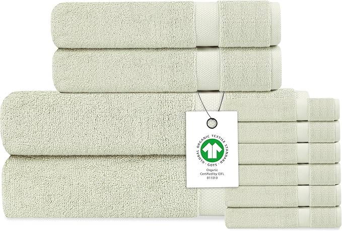 Delara Organic Cotton Luxuriously Plush Bath Towel 10 Piece Set|GOTS & Oeko-TEX Certified|Premium Hotel Quality Towels|Feather Touch Technology|650 GSM Long Staple|Soft, Quick Dry & Ultra-Absorbent