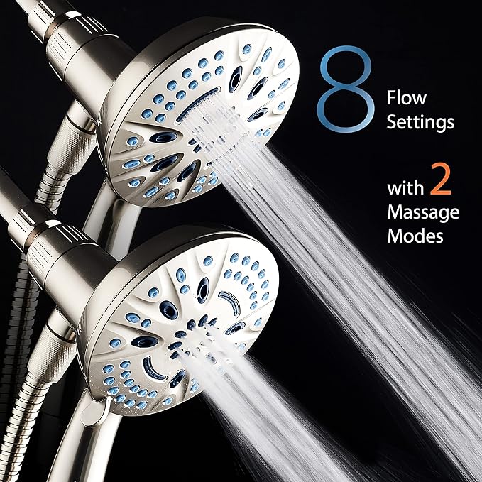 AquaCare Magneton High-Pressure 8-mode Handheld Shower Head with Magnetic Guidance Docking System - 2 Magnetic Brackets, 5 inch Face, Hygienic Jets, 6 ft. Stainless Steel Hose - All Nickel Finish